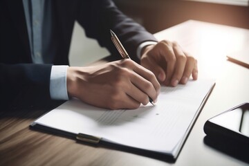 hand man lawyer signature contract business meeting businessman document office group. Generative AI.