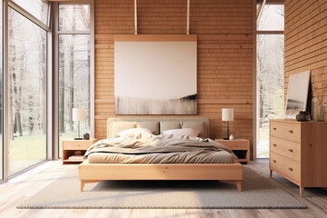 Cozy beige wooden scandinavian style bedroom interior