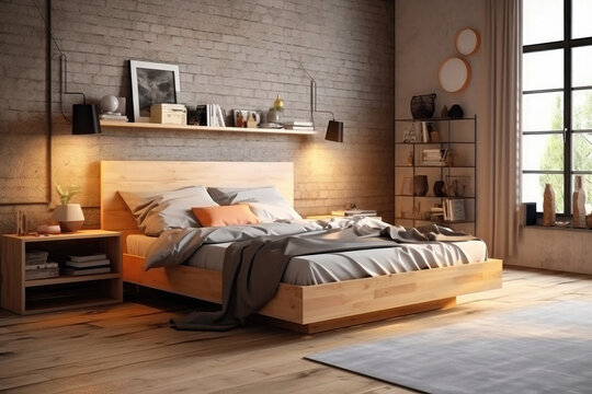 Fototapeta Cozy beige wooden scandinavian style bedroom interior