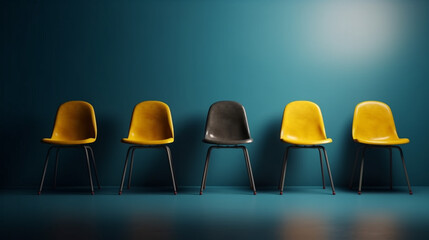 several yellow chairs line up against a blue background photo, in the style of yellow and amber