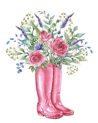 Summer bouquet of flowers in rubber boots