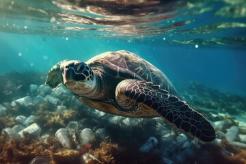 Obraz premium Turtle in polluted water