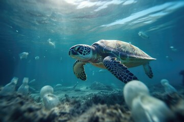 Turtle in polluted water