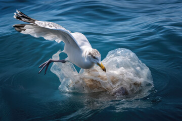 Seagull stuck in a plastic bag in the water