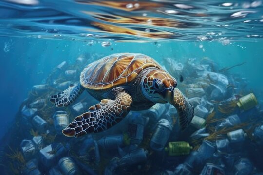 Turtle in polluted water