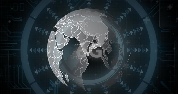 Animation of spinning globe over 6g text on round scanners and microprocessor connections - Powered by Adobe
