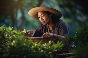 Harvesting tea at a tea plantation - obrazy, fototapety, plakaty
