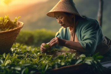 Harvesting tea at a tea plantation