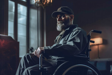 Serious sad adult war veteran man in wheelchair - obrazy, fototapety, plakaty