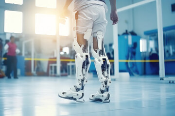 Fototapeta premium Person in with bionic legs prosthesis in hospital