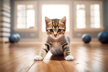 Fototapeta premium Cute kitten on training workout in the gym