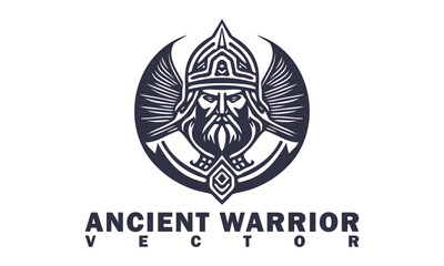 Vector black and white emblem or logo on a white isolated background. An ancient warrior in a helmet, with stylistic wings and a beard. Sticker or icon. - obrazy, fototapety, plakaty