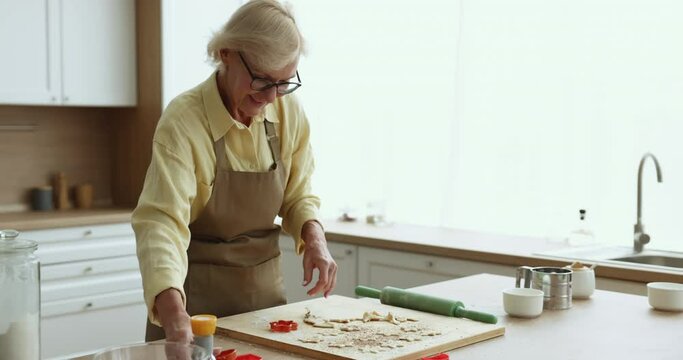 Mature woman in glasses prepare cookies at home. Older smiling housewife standing in kitchen cutout homemade biscuits with cutters prepare sweet dessert for family on holiday or life event. Cooking