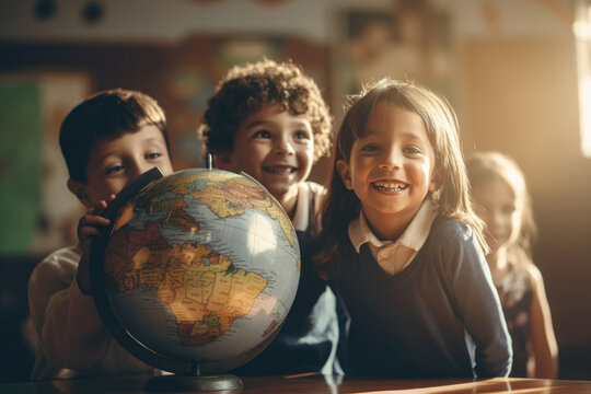 Group of different satisfied happy kids in geography lesson with globe
