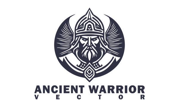 Vector black and white emblem or logo on a white isolated background. An ancient warrior in a helmet, with stylistic wings and a beard. Sticker or icon.