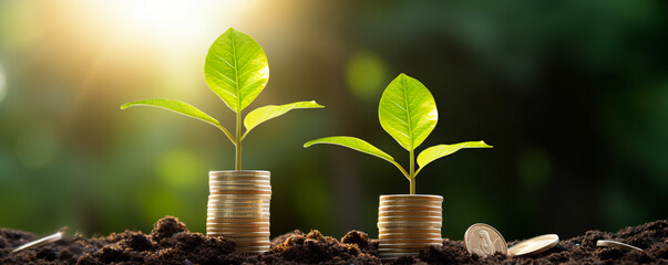 Fototapeta na wymiar Idea of renewable energy and energy saving. Energy saving light bulb and tree growing on stacks of coins on nature background. Saving, accounting and financial concept