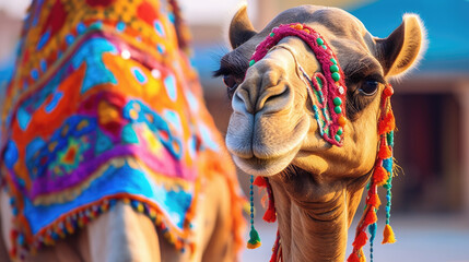 Portrait of camel wearing multicolored bead necklace. camel dressed in traditional, festive, flower-decorated ammunition. - obrazy, fototapety, plakaty
