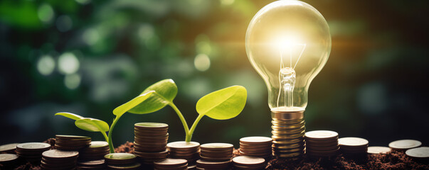 Idea of renewable energy and energy saving. Energy saving light bulb and tree growing on stacks of coins on nature background. Saving, accounting and financial concept