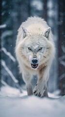 Obraz premium Fierce Encounter: Angry Wolf Walking Towards the Camera. Generative AI