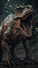Fototapeta premium Roaring Fury: Angry Fierce T-Rex Dinosaur with Mouth Open. Generative AI