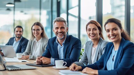 Fototapeta premium Smiling Teamwork in the Office: People Collaborating and Thriving. No real person. Generative AI
