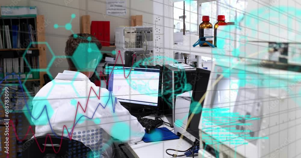 Aufkleber animation of scientific data processing over caucasian male scientist with computer in laboratory