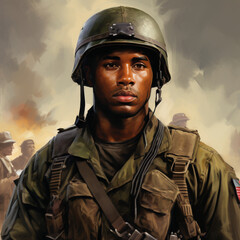 Portrait of a black soldier. Generative AI.