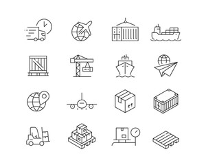 Global Logistics and Shipping Icon collection containing 16 editable stroke icons. Perfect for logos, stats and infographics. Edit the thickness of the line in any vector capable app. - obrazy, fototapety, plakaty