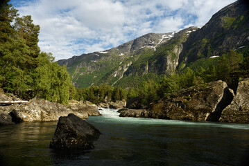 Mountain landscape with a river in the foreground, Norway, Scandinavia