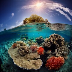 Under Water picture with coral and fish, go pro camera perspective, fish eye lens, generative AI