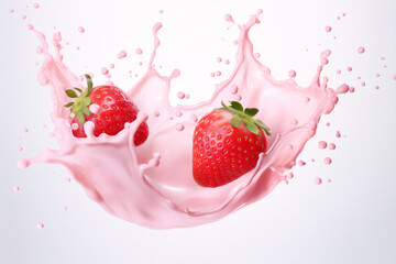 milk or yogurt splash with strawberries isolated on white background, 3d rendering