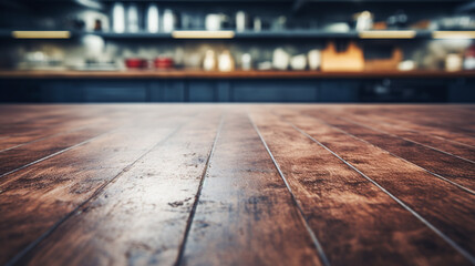 Empty Wood Surface Product Display with a Blurry Kitchen in the Background, Generative AI