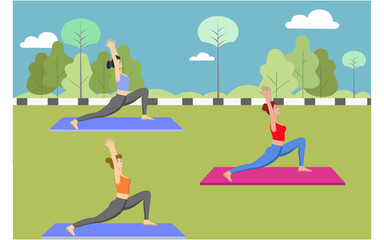 Group of girls attending a yoga class outside in the park. Vector illustration.