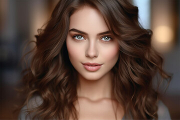 portrait of a young woman with dark hair color and hairstyle. Social media content for beauty salons.. Generative AI
