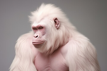 An albino gorilla with pink skin and white fur. Portrait of a rare animal primate monkey on the background