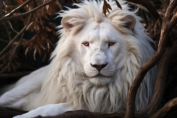 Albino lion with white fur lying in the forest and looking at the camera. Portrait of a rare exotic animal in nature