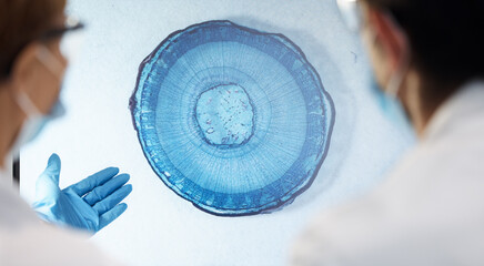 Bacteria, particles and closeup in lab for science with teamwork, discussion or analysis for...