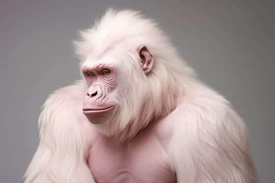 An albino gorilla with pink skin and white fur. Portrait of a rare animal primate monkey on the background