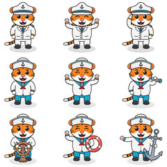 Funny Tiger sailors set. Cute Tiger characters in captain cap cartoon vector illustration.