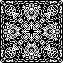 Black and white sea animals ethnic seamless pattern abstract on geometric square
