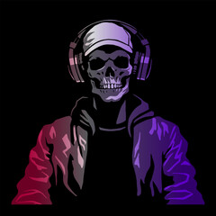 Skeleton in headphones and jacket on a dark background. Vector illustration.
