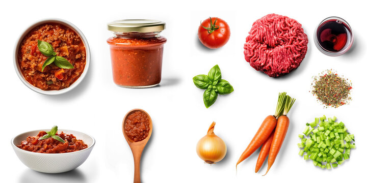 Bolognese Sauce ingredients Ground beef, tomatoes, carrots, celery, onions, wine, and herbs,, Transparent