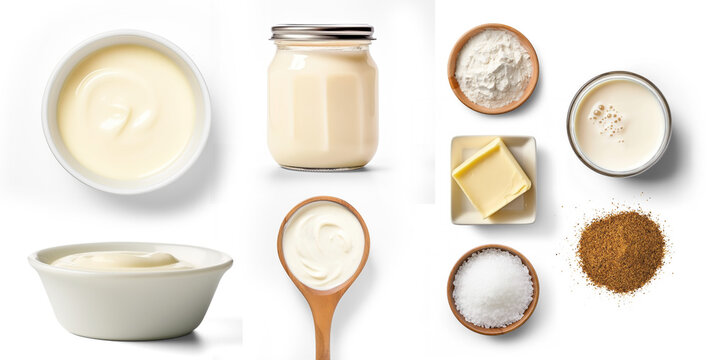 Bechamel Sauce (White Sauce): Butter, flour, milk, and a pinch of nutmeg. Transparent