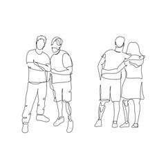 Fototapeta na wymiar Continuous one-line drawing of a disabled person on prostheses. Single line art graphic design vector. The friendship between disabled and healthy persons. 