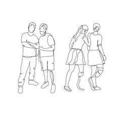 Fototapeta na wymiar Continuous one-line drawing of a disabled person on prostheses. Single line art graphic design vector. The friendship between disabled and healthy persons. 