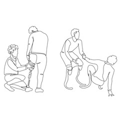 Single continuous line drawing disabled man on prostheses. One line draw graphic design vector