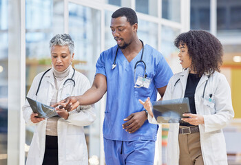 Medical, teamwork and xray with people in hospital for advice, research and radiology. Medicine,...
