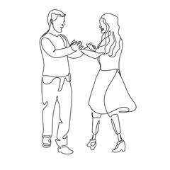 Continuous one line man and woman hold hands and dancing, a woman has a prosthetic leg. Disabled people. Vector stock illustration.