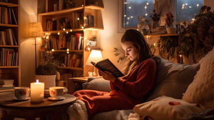Obraz premium Girl Reading in Cozy Corner