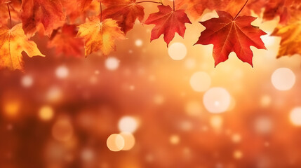 Naklejka na ściany i meble Autumn background of maple leaves with bokeh light Generative ai